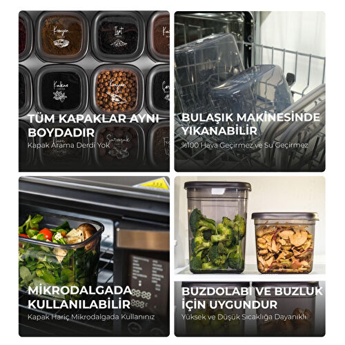 Vienev Beyaz Serigrafi Etiketli 6lı Set Maxi Boy Peggy Uzun Dikdörtgen Saklama Kabı 2 Litre Antrasit