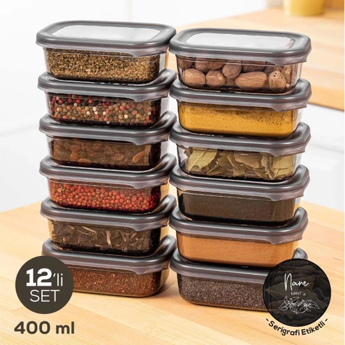 Vienev Beyaz Serigrafi Etiketli 12li Peggy Dikdörtgen Baharat Saklama Kabı Seti 400 Ml Antrasit