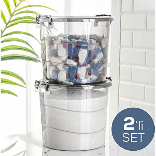 Vienev Mega Boy 2li Yuvarlak Kulplu Deterjanlık Saklama Kutusu Kabı - Un Bakliyat Kabı 7 Litre Antrasit