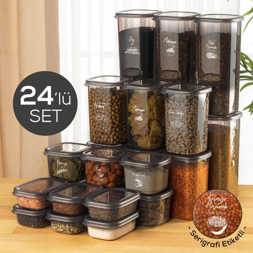 Vienev 24lü Beyaz Serigrafi Etiketli Kaşıklı Peggy Kare Erzak Baharat Full Set 6x(1,75 1,2, 0,55, 0,45) Ant