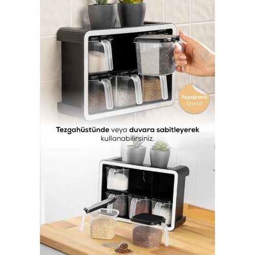Vienev Beyaz Serigrafi Etiketli 6'lı 500 Ml Standlı Kendinden Yapışkanlı Kaşıklı Baharatlık Seti Siyah