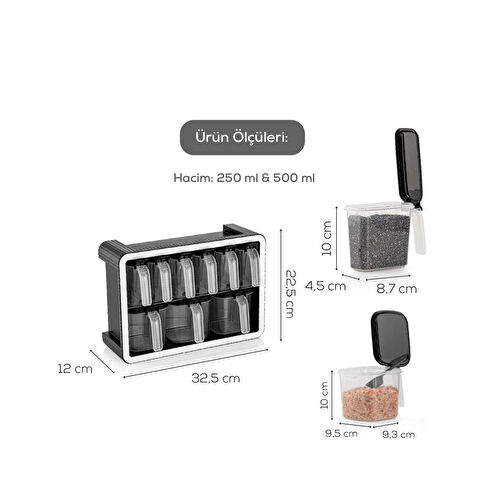 Vienev Beyaz Serigrafi Etiketli 12'li 250 Ml Standlı Kendinden Yapışkanlı Kaşıklı Baharatlık Seti Siyah