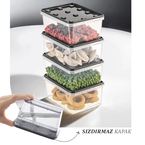 Vienev 4'lü 1,5 Litre Block Buzdolabı Ve Derin Dondurucu Sızdırmaz Saklama Kabı Şeffaf Antrasit