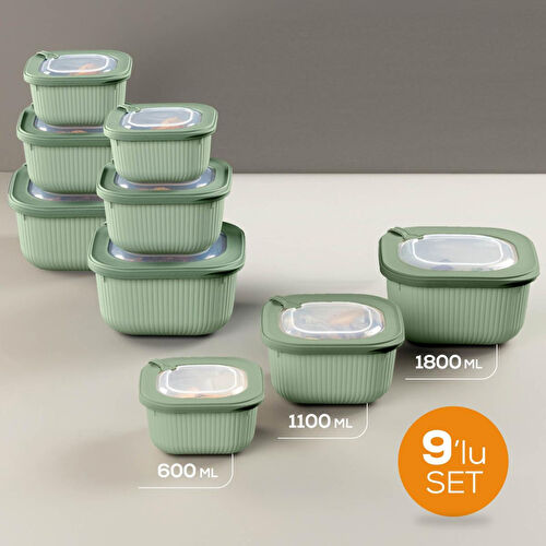 Vienev 9'lu 3x(600-1100-1800 Ml) Mikrodalga Ve Difrize Uygun Vip Kapaklı Özel Saklama Kabı Seti Yeşil