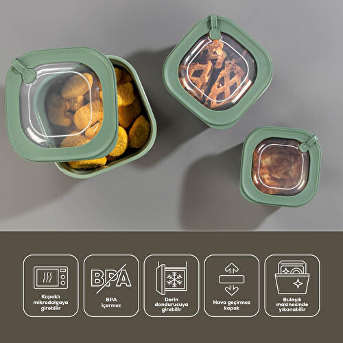 Vienev 9'lu 3x(600-1100-1800 Ml) Mikrodalga Ve Difrize Uygun Vip Kapaklı Özel Saklama Kabı Seti Yeşil