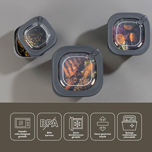 Vienev 9'lu 3x(600-1100-1800 Ml) Mikrodalga Ve Difrize Uygun Vip Kapaklı Özel Saklama Kabı Seti Antrasit