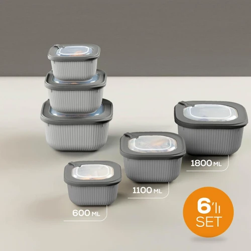 Vienev 6'lı 2x(600-1100-1800 Ml) Mikrodalga Ve Difrize Uygun Vip Kapaklı Özel Saklama Kabı Seti Antrasit