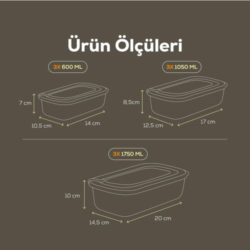 Vienev 9'lu Vip Dikdörtgen Mikrodalga Ve Difrize Uygun Saklama Kabı Seti Yeşil 3x(1750,1050,600 Ml)