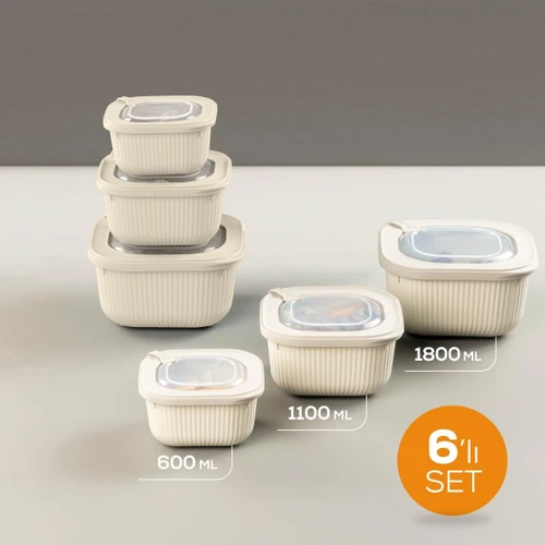 Vienev 6'lı 2x(600-1100-1800 Ml) Mikrodalga Ve Difrize Uygun Vip Kapaklı Özel Saklama Kabı Seti Bej
