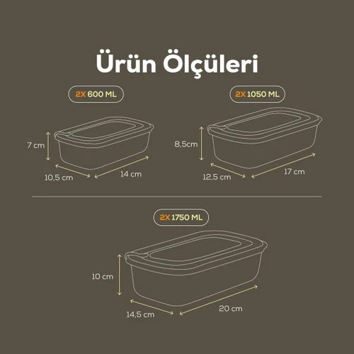 Vienev 6'lı Vip Dikdörtgen Mikrodalga Ve Difrize Uygun Saklama Kabı Seti Bej 2x(1750,1050,600 Ml)