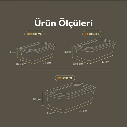 Vienev 9'lu Vip Dikdörtgen Mikrodalga Ve Difrize Uygun Saklama Kabı Seti Mavi 3x(1750,1050,600 Ml)