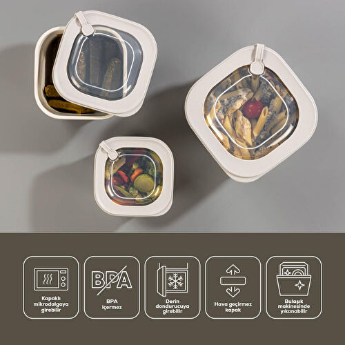 Vienev 9'lu 3x(600-1100-1800 Ml) Mikrodalga Ve Difrize Uygun Vip Kapaklı Özel Saklama Kabı Seti Bej