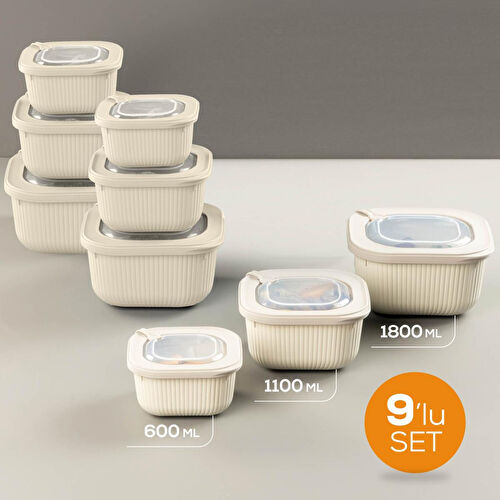 Vienev 9'lu 3x(600-1100-1800 Ml) Mikrodalga Ve Difrize Uygun Vip Kapaklı Özel Saklama Kabı Seti Bej