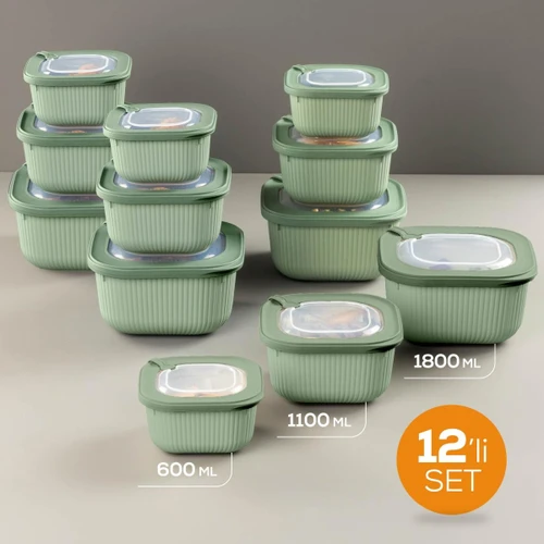 Vienev 12'li 4x(600-1100-1800 Ml) Mikrodalga Ve Difrize Uygun Vip Kapaklı Özel Saklama Kabı Seti Yeşil