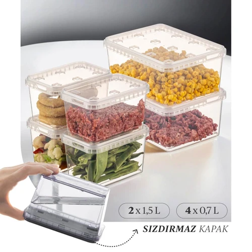 Vienev 6'lı Block Buzdolabı Ve Derin Dondurucu Sızdırmaz Saklama Kabı Şeffaf 2x(1,5 Lt)-4x(0,7 Lt)
