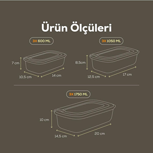 Vienev 9'lu Vip Dikdörtgen Mikrodalga Ve Difrize Uygun Saklama Kabı Seti Bej 3x(1750,1050,600 Ml)