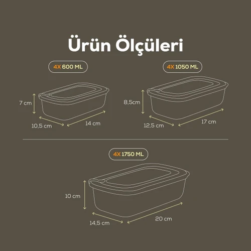 Vienev 12'li Vip Dikdörtgen Mikrodalga Ve Difrize Uygun Saklama Kabı Seti Bej 4x(1750,1050,600 Ml)