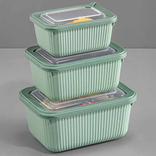 Vienev 3'lü Vip Dikdörtgen Mikrodalga Ve Difrize Uygun Saklama Kabı Seti Yeşil 1x(1750,1050,600 Ml)