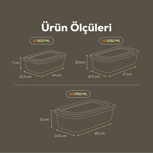 Vienev 3'lü Vip Dikdörtgen Mikrodalga Ve Difrize Uygun Saklama Kabı Seti Bej 1x(1750,1050,600 Ml)