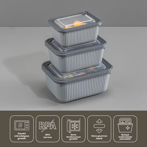 Vienev 9'lu Vip Dikdörtgen Mikrodalga Ve Difrize Uygun Saklama Kabı Seti Gri 3x(1750,1050,600 Ml)