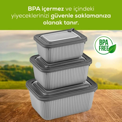 Vienev 9'lu Vip Dikdörtgen Mikrodalga Ve Difrize Uygun Saklama Kabı Seti Gri 3x(1750,1050,600 Ml)
