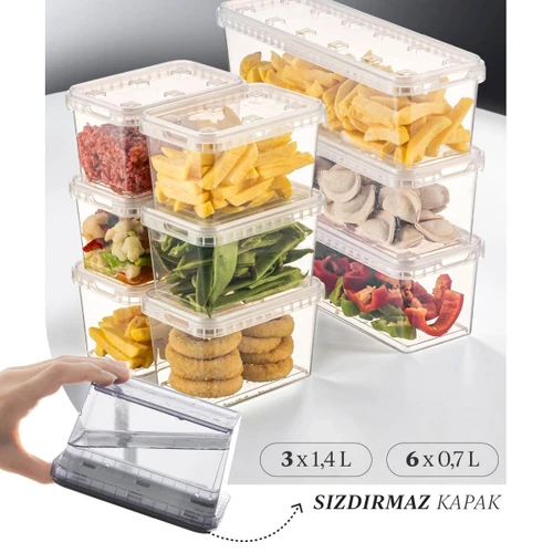 Vienev 9'lu Block Buzdolabı Ve Derin Dondurucu Sızdırmaz Saklama Kabı Şeffaf 3x(1,4 Lt)-6x(0,7 Lt)