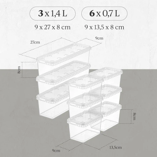 Vienev 9'lu Block Buzdolabı Ve Derin Dondurucu Sızdırmaz Saklama Kabı Şeffaf 3x(1,4 Lt)-6x(0,7 Lt)