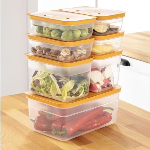 Vienev 7'li Hava Kanallı Ayarlanabilir Sebze Ve Meyve Saklama Kabı 4x(1,15 Lt) 2x(2,35 Lt) 1x(5 lt) turuncu