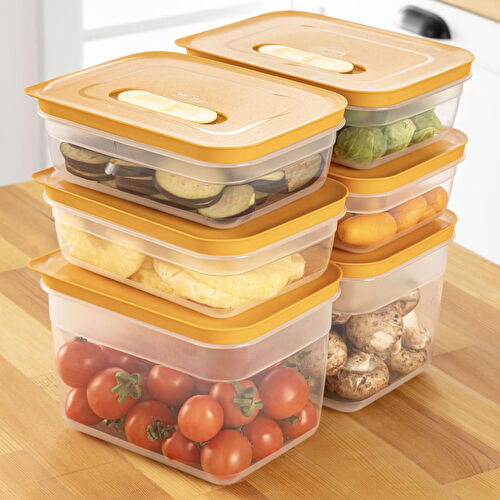 Vienev 6'lı Hava Kanallı Ayarlanabilir Sebze Ve Meyve Saklama Kabı 4x(1,15 Lt) 2x(2,35 lt) turuncu