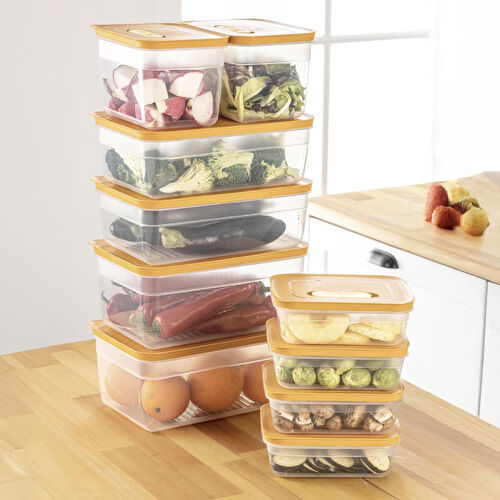 Vienev 10'lu Hava Kanallı Ayarlanabilir Sebze Ve Meyve Saklama Kabı 4x(1,15 Lt) 2x(2,35-3,8-5 lt) turuncu