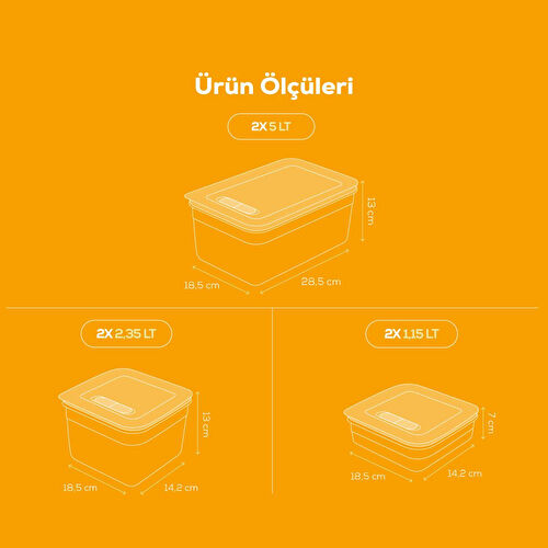 Vienev 6'lı Hava Kanallı Ayarlanabilir Sebze Ve Meyve Saklama Kabı 2x(1,15-2,35-5 lt) turuncu