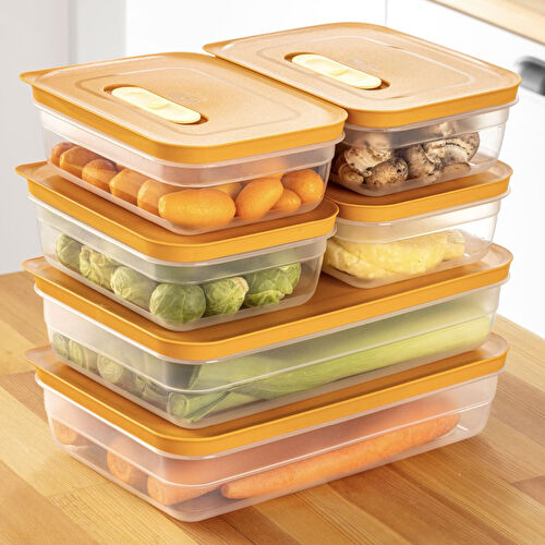 Vienev 6'lı Hava Kanallı Ayarlanabilir Sebze Ve Meyve Saklama Kabı 4x(1,15 Lt) 2x(2,5 lt) turuncu