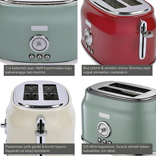 Berghoff Gem Retro 2 Dilim Ekmek Kızartma Makinesi – 815 W, Paslanmaz Çelik Gövde | Vanilya Krem