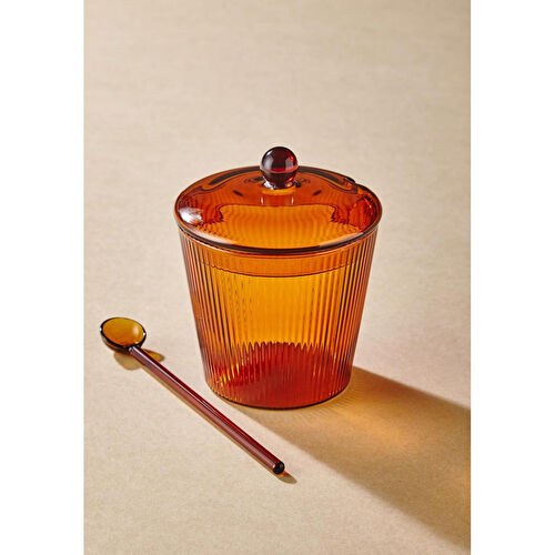 The Mia Striped Cam Kaşıklı Şekerlik Amber 10x12 Cm The Mia Striped Cam Kaşıklı Şekerlik Amber 10x12 Cm