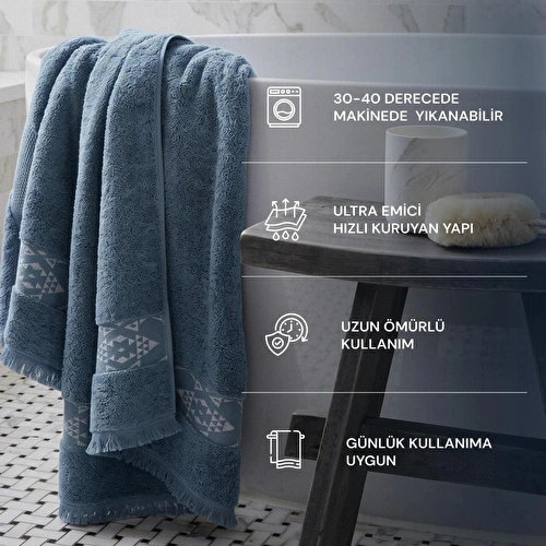 Green Black Hereke Heritage Serisi 3’lü Havlu Seti Krem Bordürlü Koyu Mavi, %100 Ege Pamuğu, Jakarlı Dokuma