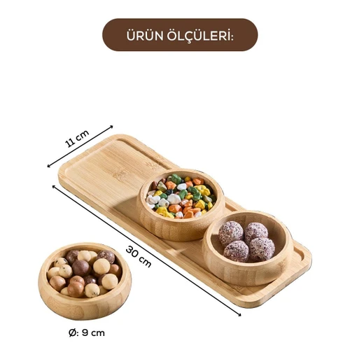 Vienev 3 Yuvarlak Kaseli Bambu Çerezlik Tepsili
