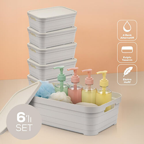 Vienev 6'lı Kapaklı 8,2 Litre Saklama Kutusu Bej