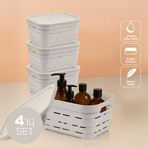 Vienev 4'lü Kapaklı 3,8 Litre Delikli Saklama Kutusu Bej
