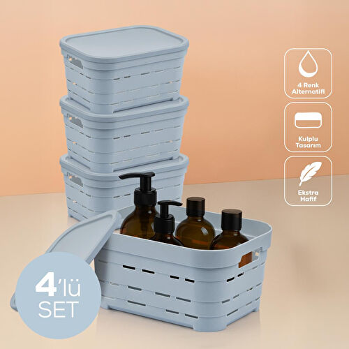 Vienev 4'lü Kapaklı 3,8 Litre Delikli Saklama Kutusu Mavi