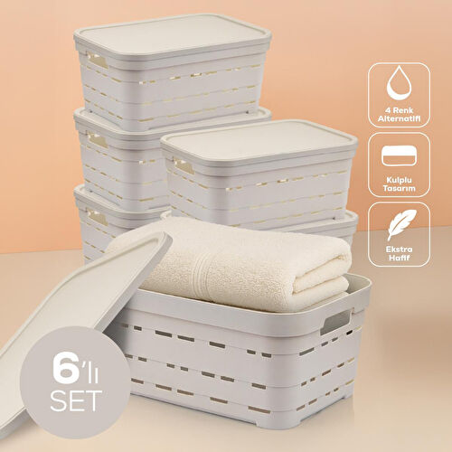 Vienev 6'lı Kapaklı 10,8 Litre Delikli Saklama Kutusu Bej