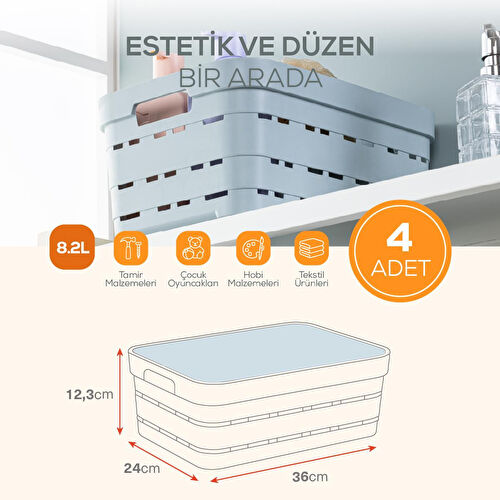 Vienev 4'lü Kapaklı 8,2 Litre Delikli Saklama Kutusu Mavi