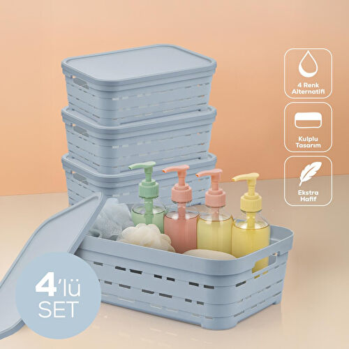 Vienev 4'lü Kapaklı 8,2 Litre Delikli Saklama Kutusu Mavi