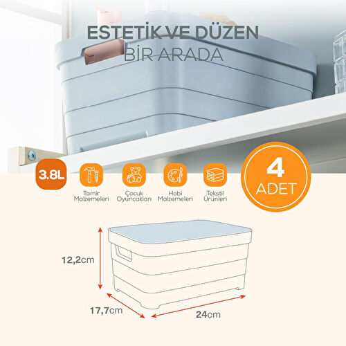 Vienev 4'lü Kapaklı 3,8 Litre Saklama Kutusu Beyaz