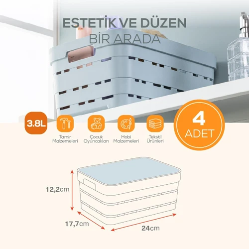 Vienev 4'lü Kapaklı 3,8 Litre Delikli Saklama Kutusu Beyaz