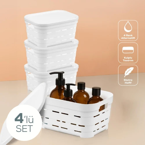 Vienev 4'lü Kapaklı 3,8 Litre Delikli Saklama Kutusu Beyaz