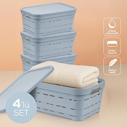 Vienev 4'lü Kapaklı 10,8 Litre Delikli Saklama Kutusu Mavi