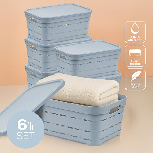 Vienev 6'lı Kapaklı 10,8 Litre Delikli Saklama Kutusu Mavi