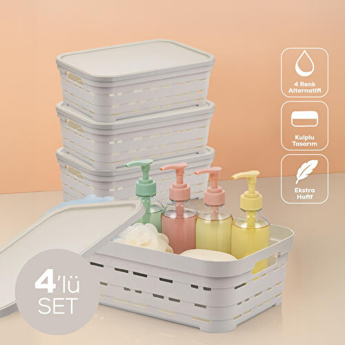 Vienev 4'lü Kapaklı 8,2 Litre Delikli Saklama Kutusu Bej