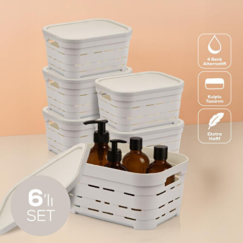 Vienev 6'lı Kapaklı 3,8 Litre Delikli Saklama Kutusu Bej