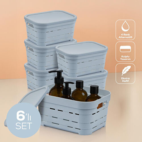 Vienev 6'lı Kapaklı 3,8 Litre Delikli Saklama Kutusu Mavi